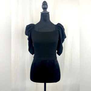 NWT Fabonics Square Neck Elbow Puff Sleeve Cropped Ribbed Top Black